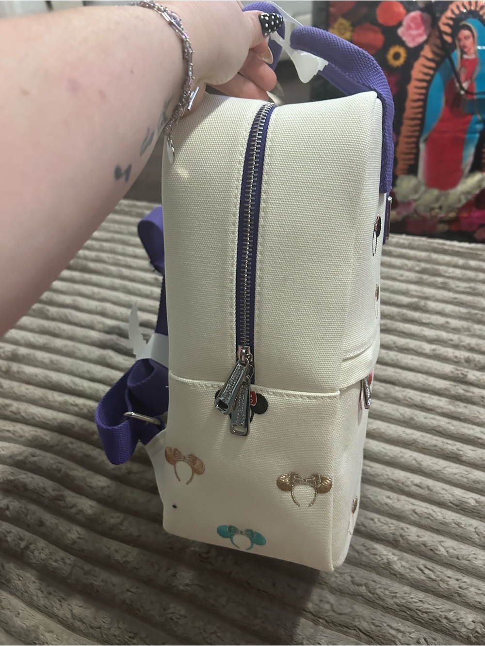 Loungefly Cream Mini Backpack with Purple Handles and Multicolor Minnie Icons - Picture 3 of 6